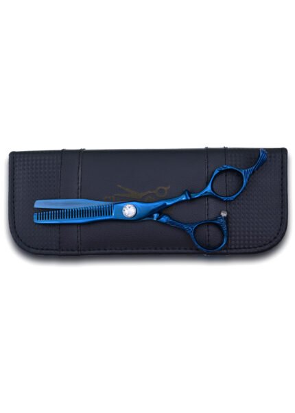 : Close-up of adjustable screw on Titanium Blue Hair Thinning Shears