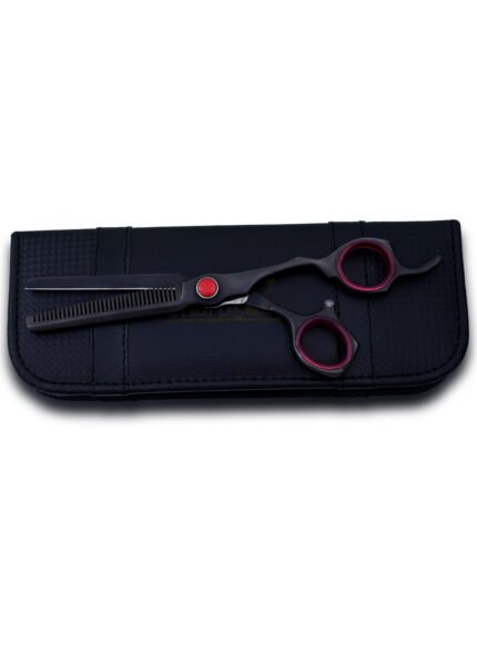 Close-up of tension adjustable screw on Black Hairdresser Thinning Shears