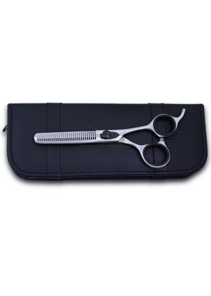 Side view of the hair thinning shear highlighting its offset handle design and adjustable screw.