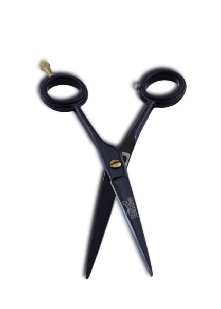 Close up view of black barber shears for professionals