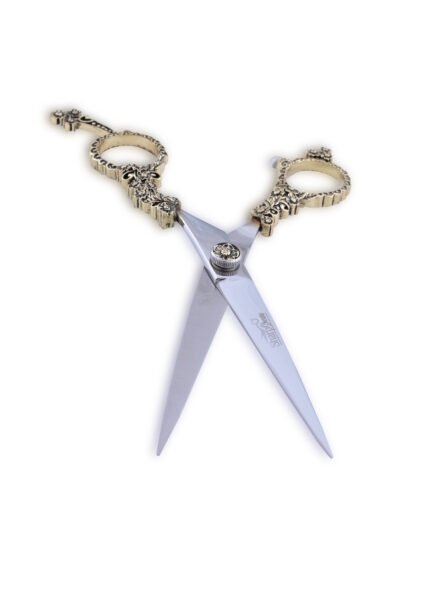 Close-up of Professional Barber Hair Cutting Scissors focusing on handle and blades details.