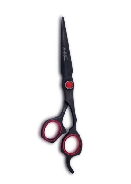 Matte Black Hair Cutting Shears held vertically with blades facing upward
