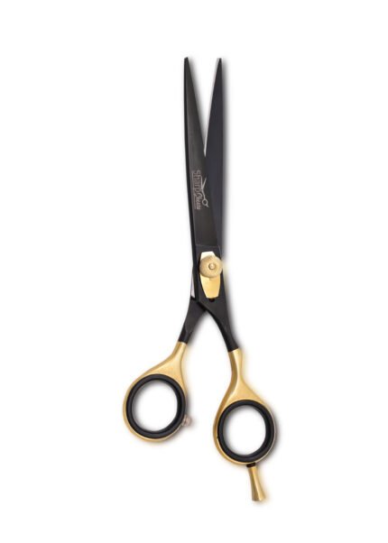 Black Barber Shears with open blades facing outward