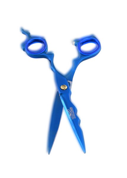 Close-up of Blue Hair Dresser Scissors focusing on handle and blade details.