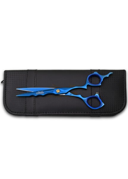 Close-up of the split screw on the right side of Blue Hair Dresser Scissors.