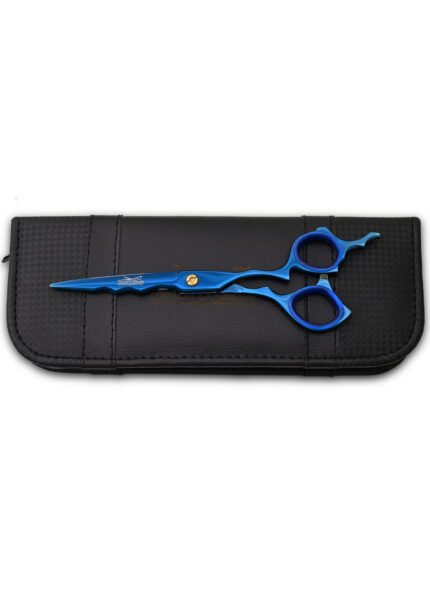 Blue Hair Dresser Scissors angled to the left side with blades partially open.