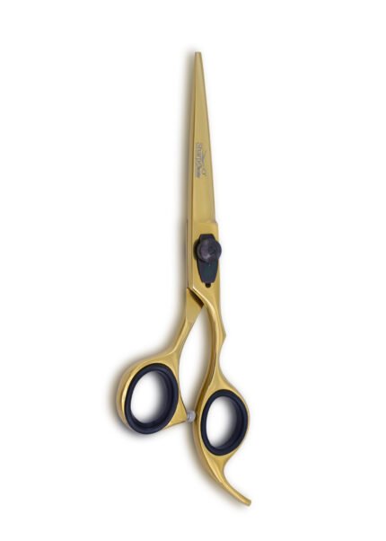 Gold Hair Cutting Shears held vertically with blades facing upward