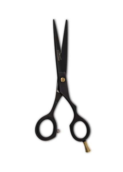 Matte Black Hairdressing Scissors displayed with open blades facing towards the camera.