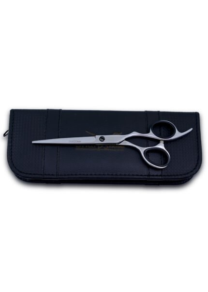 Professional Silver Hair Cutting Shears angled to the left side with blades partially open.