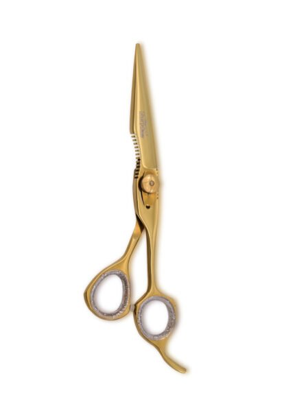 Gold Hair Cutting Scissors held vertically with blades facing upward