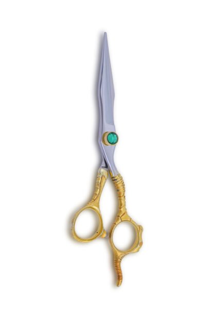 Gold Handle Hair Cutting Scissors positioned vertically with aligned blades. Precision at its peak with our Gold Handle Hair Cutting Scissors.
