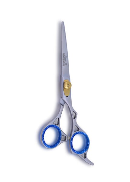Silver Hair Cutting Scissors held vertically with blades facing upward