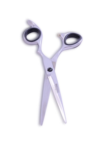 Close-up of Professional Silver Hair Cutting Shears focusing on handle and blade details.