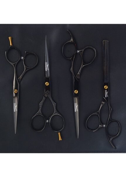 Black professional barber hair cutting scissors set with ergonomic grip and golden split screws