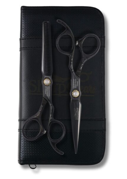 Professional black hair thinning scissor with ergonomic handle and tension screw